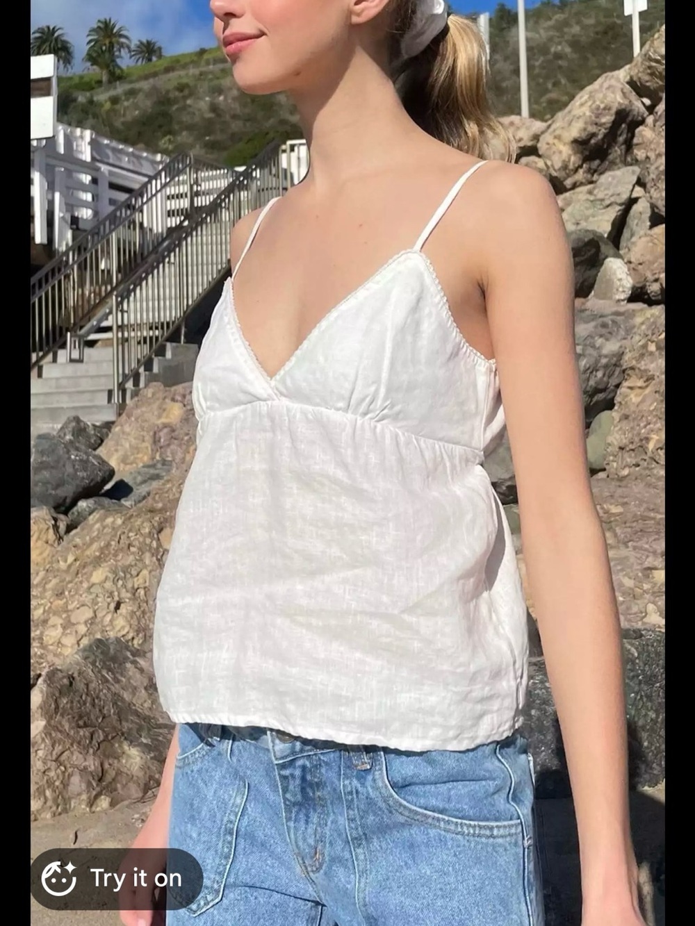 Brandy Melville White Linen-Blend V-Neck Spaghetti Strap Camisole